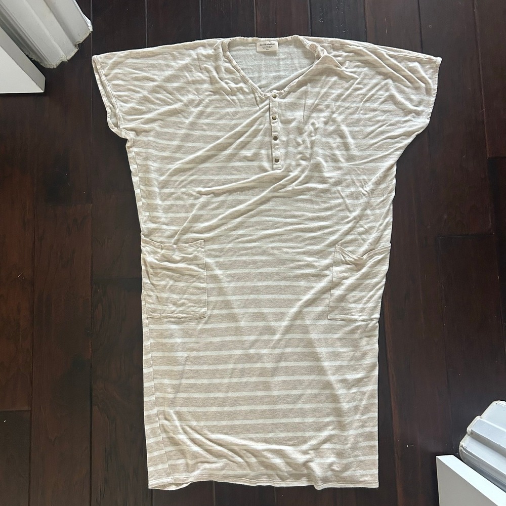 Dwell & Slumber Caftan Dress Tan White Stripe Nursing Maternity XS/S relaxation - Picture 2 of 7